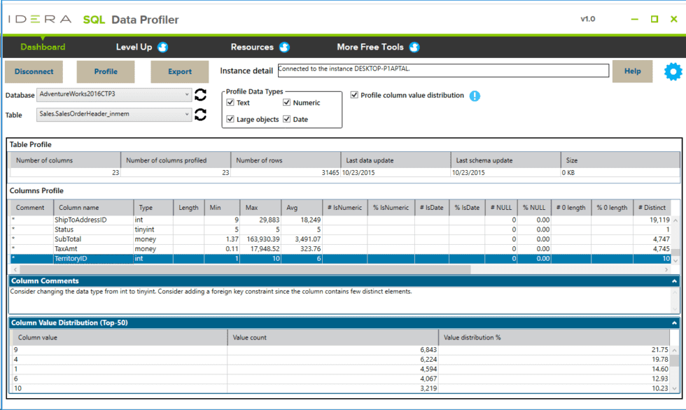 Free Tool - SQL Data Profiler | IDERA Database Tools