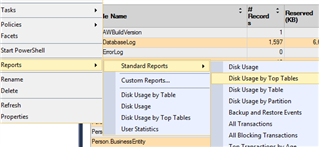 Disk Usage by Top Tables menu