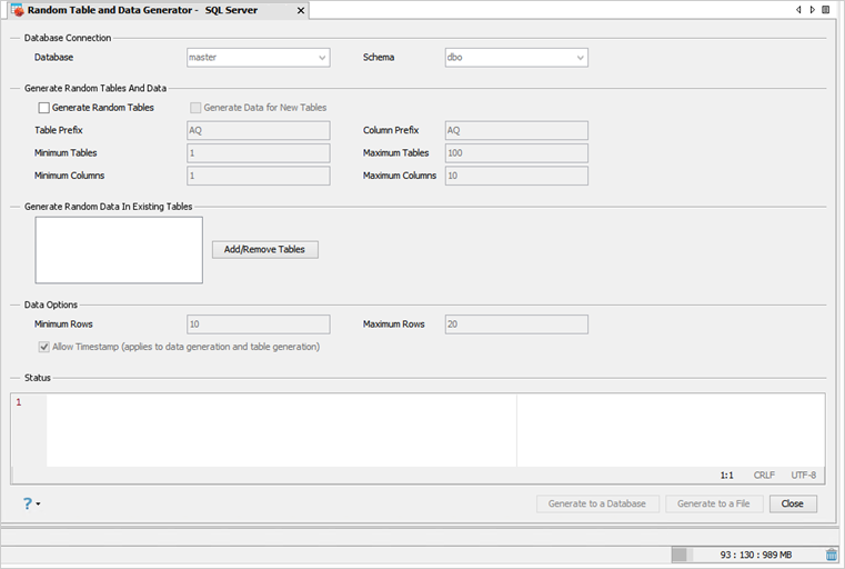 Generate test data with the Random Table and Data Generator of Aqua Data Studio.
