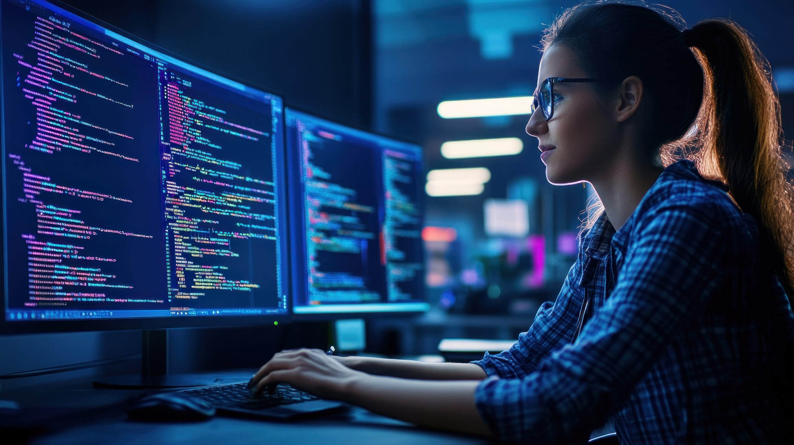 A woman is absorbed in her programming task, typing on a keyboard while surrounded by bright screens filled with colorful lines of code. The low-light setting enhances the tech atmosphere