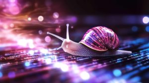 A snail moves slowly across a digital circuit board.