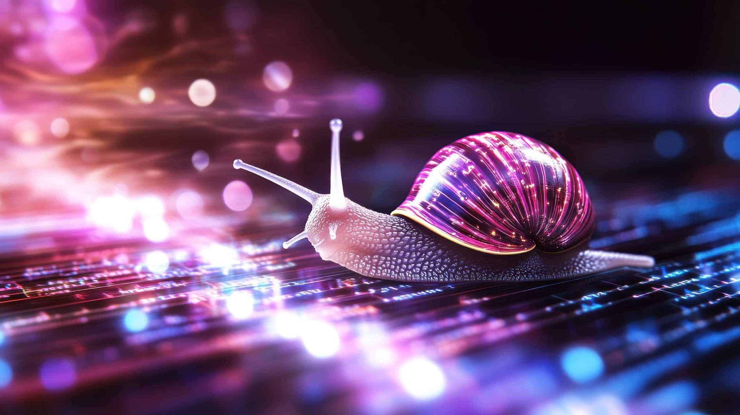 A snail moves slowly across a digital circuit board.