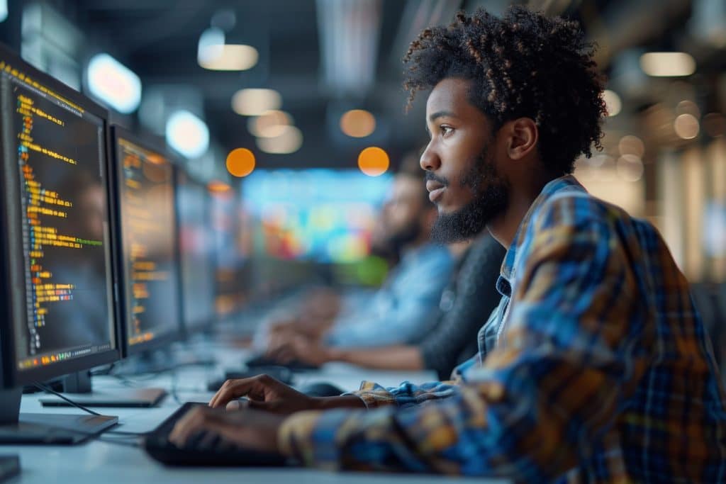 A young curly-haired professional intensely working on code across multiple computer monitors in a modern office